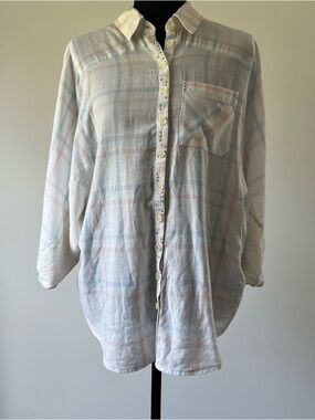 Free People No Limits Plaid Gauze Back Button Down Shirt Medium